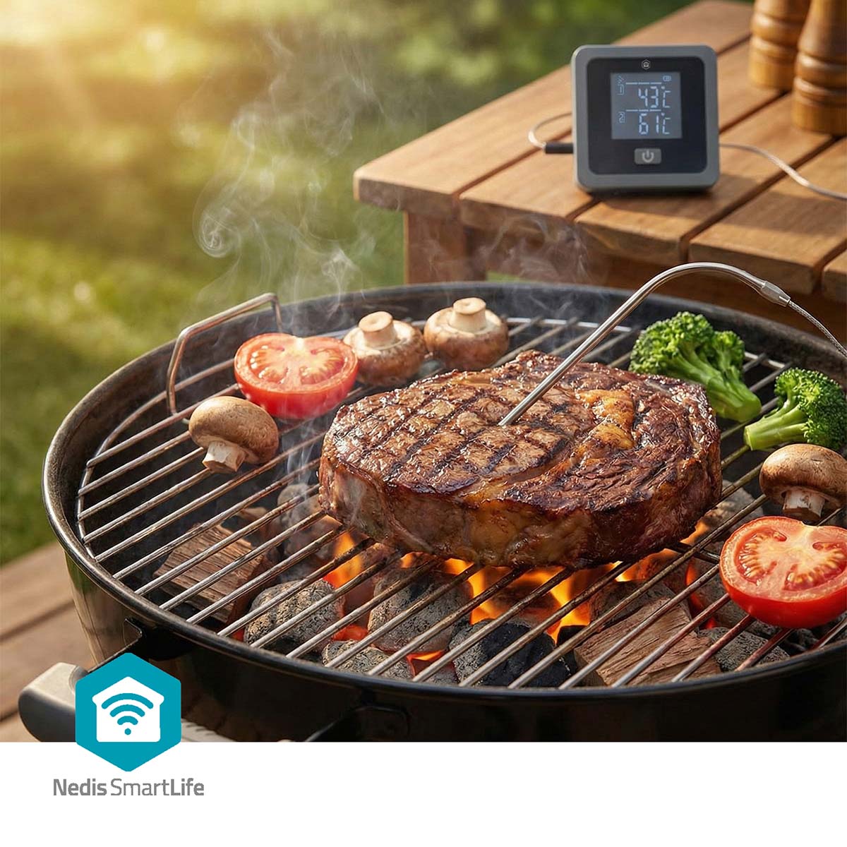 Nedis SmartLife Grilltermometer Bluetooth måler grilltemperatur, digitalt display og Nedis-logo synligt.
