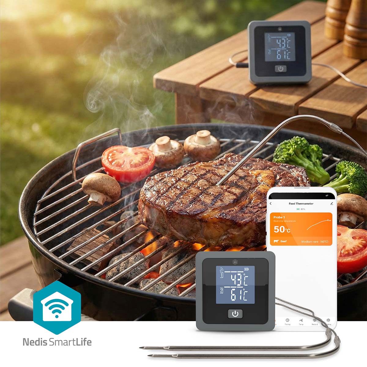 Nedis SmartLife Grilltermometer Bluetooth i bøf på grill, temperatur vises på display og app, Nedis SmartLife logo synligt.