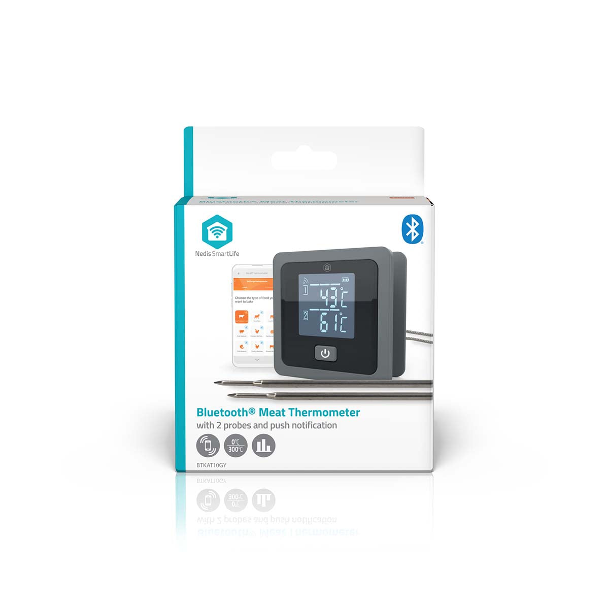 Nedis SmartLife Grilltermometer Bluetooth i emballage med produktbillede, probeikoner og info om SmartLife-app kompatibilitet.