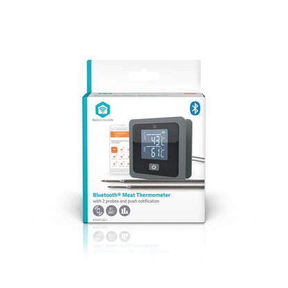 Nedis SmartLife Grilltermometer Bluetooth i emballage med produktbillede, probeikoner og info om SmartLife-app kompatibilitet.