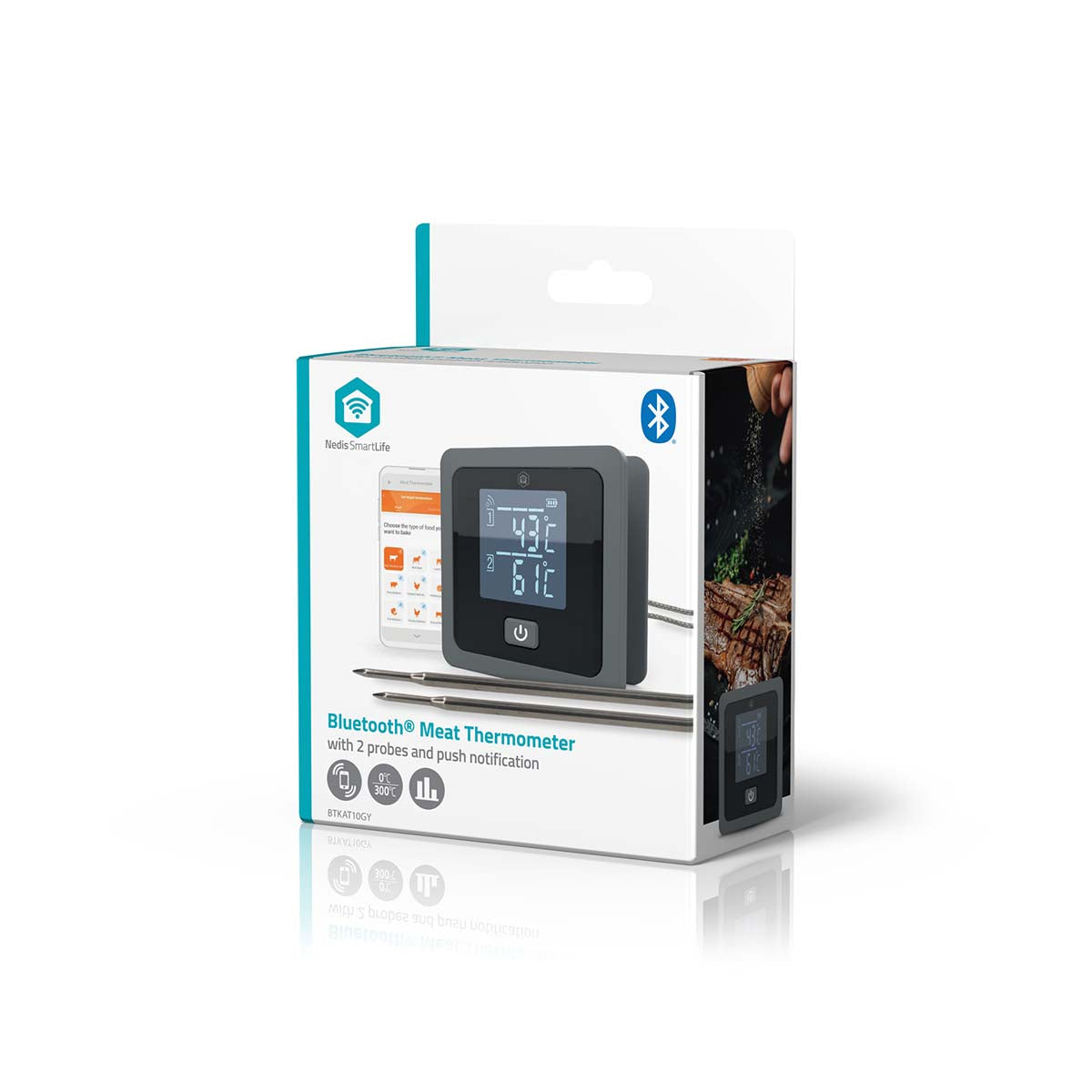 Nedis SmartLife Grilltermometer Bluetooth i detailæske med digitalt display, til måleprober og app-kompatibilitet.