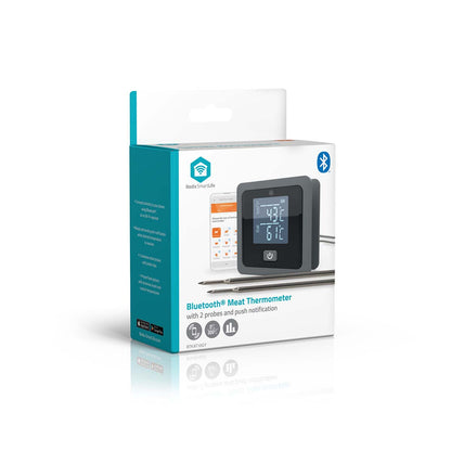 Nedis SmartLife Grilltermometer Bluetooth, hvid/blå æske, digitalt display, 2 prober, SmartLife app-kompatibel.