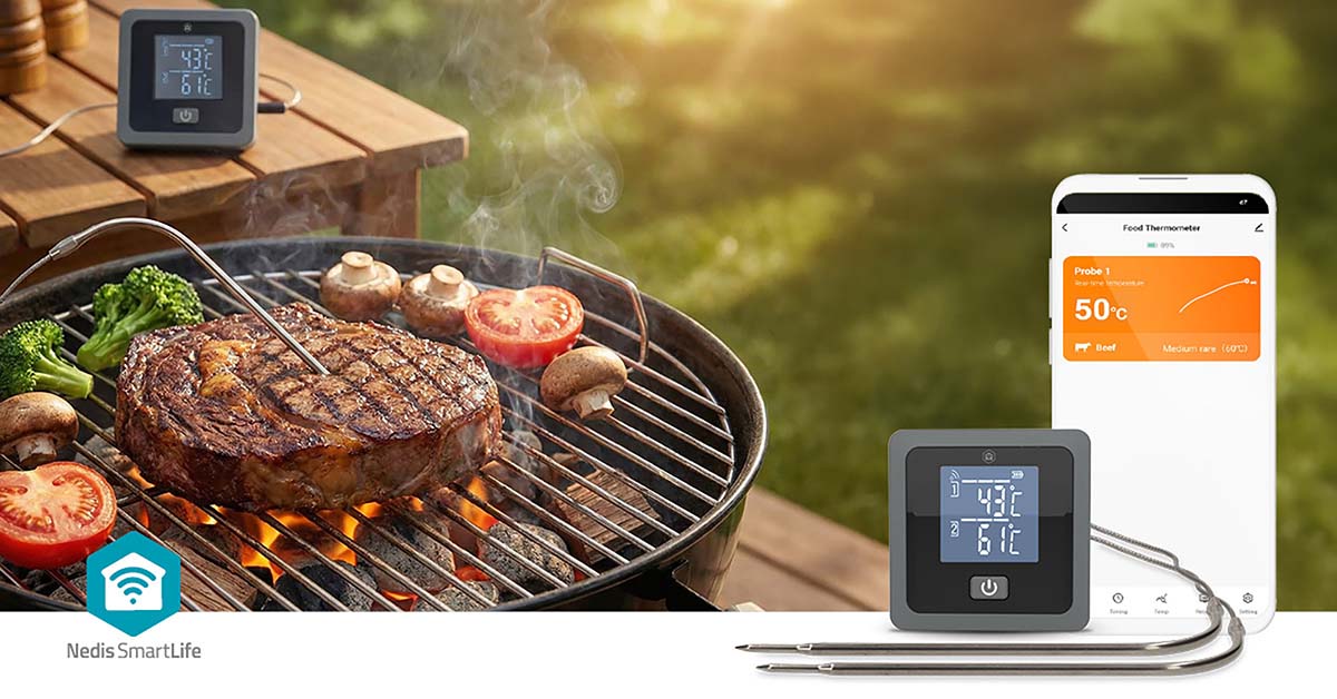 Nedis SmartLife grilltermometer Bluetooth med display og måleprober, viser temperatur på display og i SmartLife app.