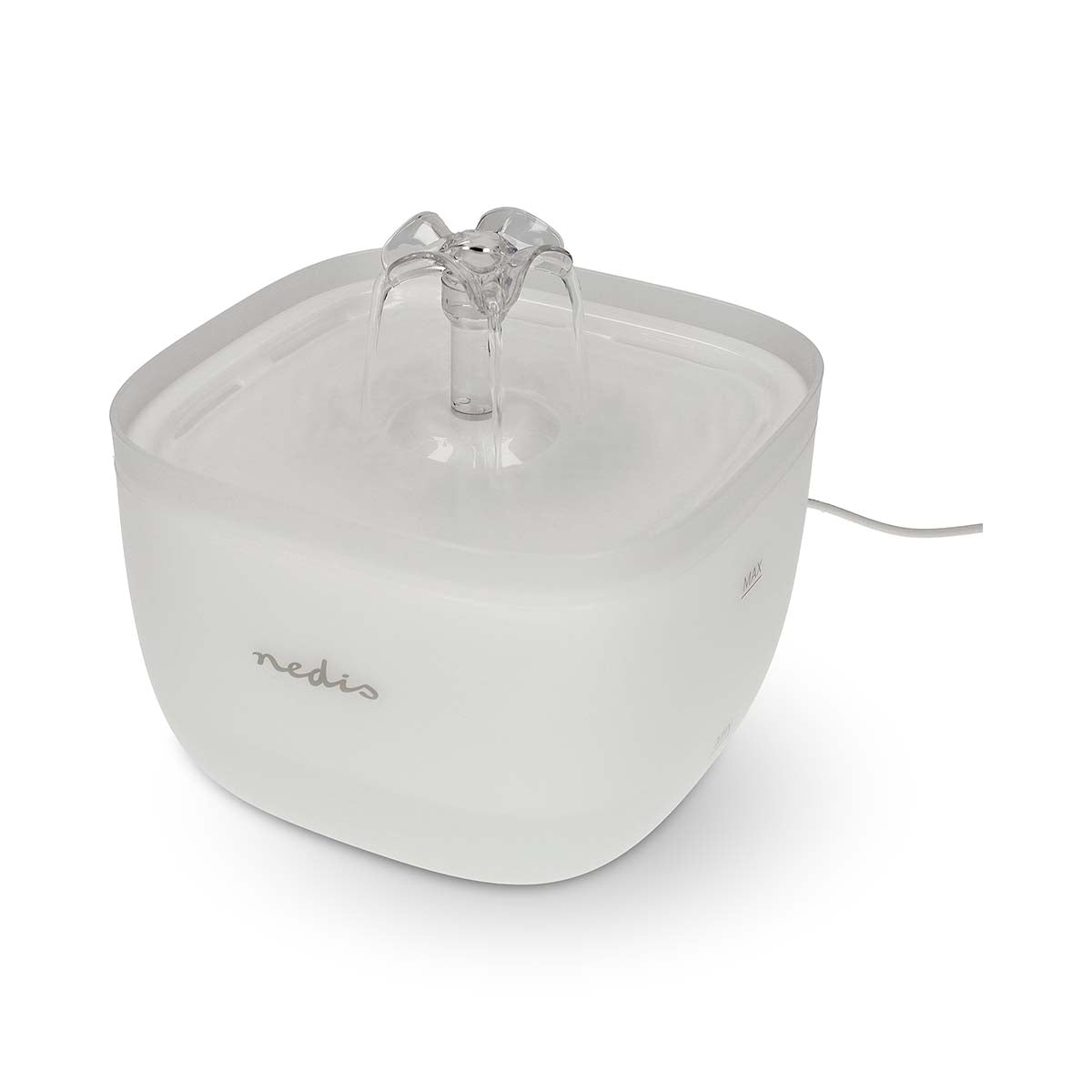Vandfontæne 2L, hvid, firkantet med synlig ledning, central vandstrøm og 4-lags filter.