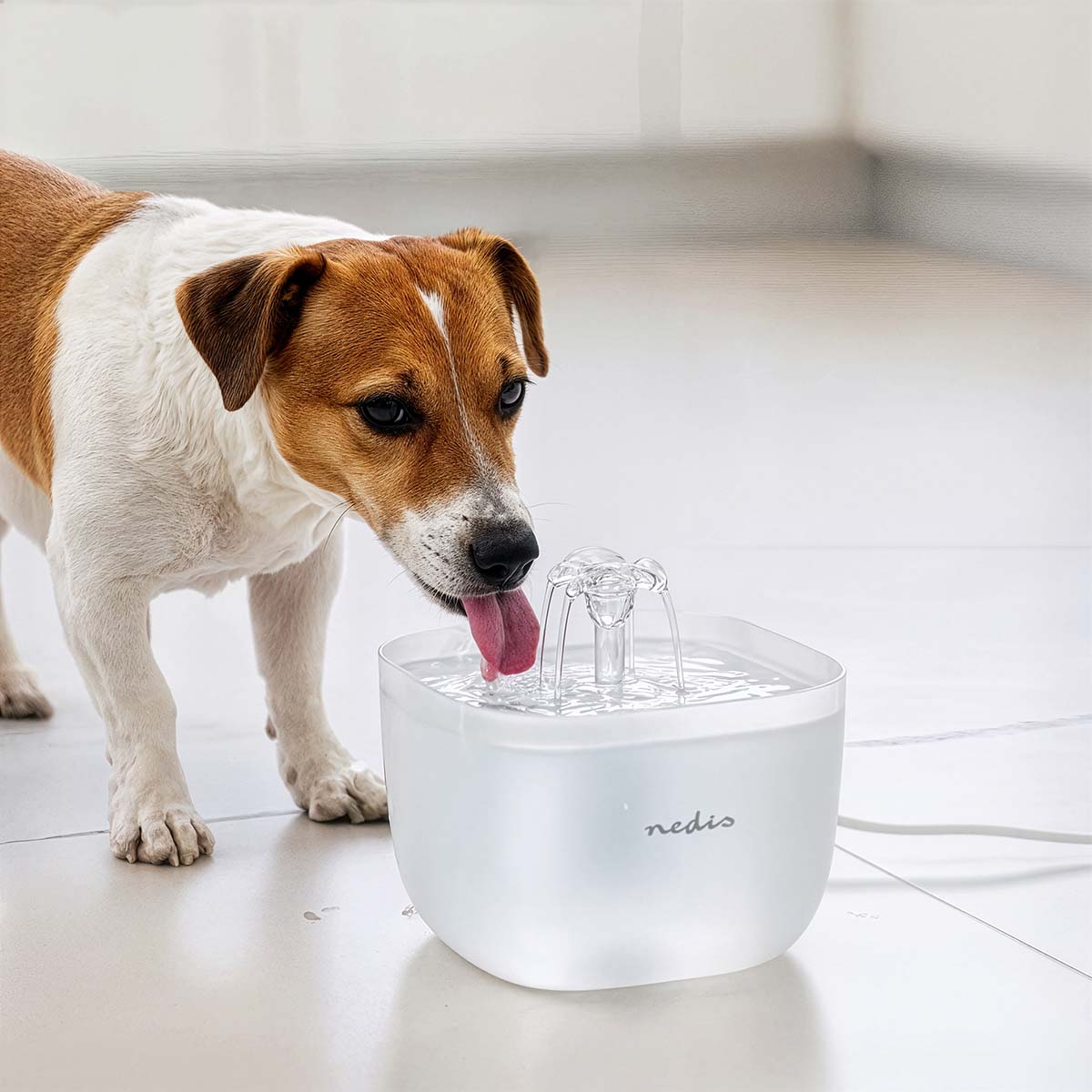 Hundedrikke af transparent vandfontæne 2L med 4-lags filtersystem, brun/hvid hund synlig, hvidt klinkegulv.