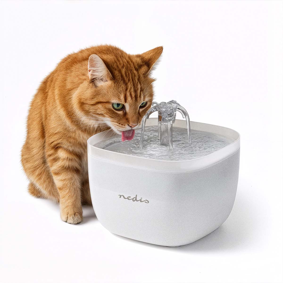 Katten drikker af AV-Cables.dk Vandfontæne 2L, kvadratisk model med 4-lags filter og flere vandstråler fra toppen.
