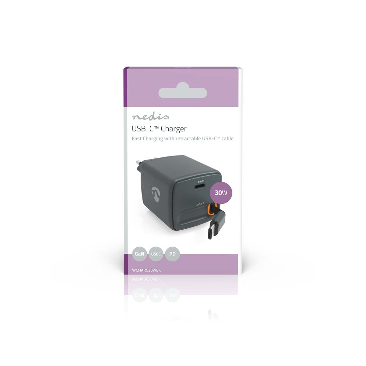 USB-C oplader 30W GaN med 0,75m indbygget kabel, sort, ikoner for USB-C og PD, hurtig opladning.