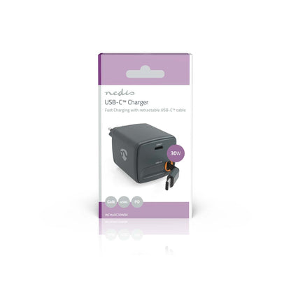 USB-C oplader 30W GaN med 0,75m indbygget kabel, sort, ikoner for USB-C og PD, hurtig opladning.