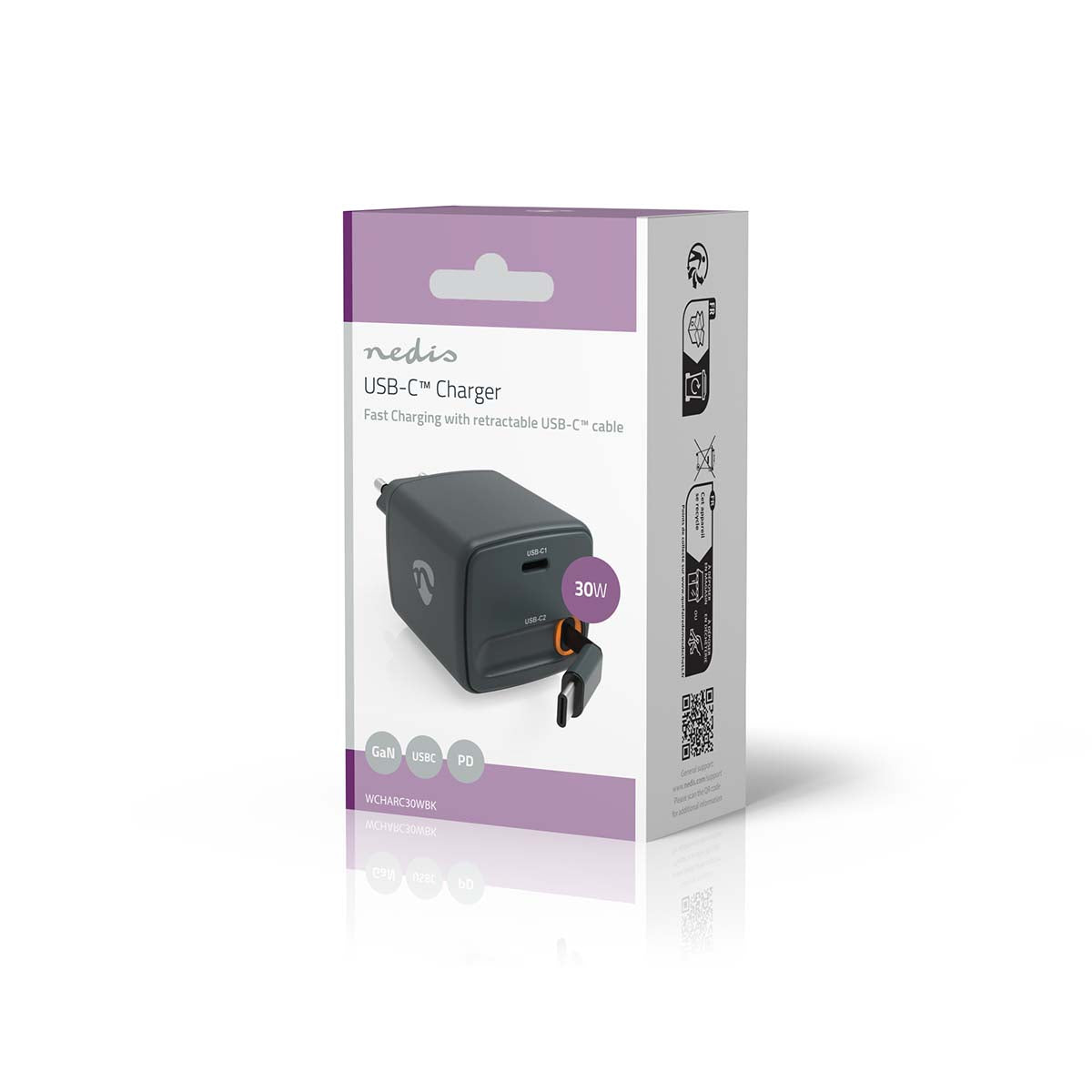 USB-C oplader 30W 0,75M i hvid/lilla æske med GaN, USB-C og PD ikoner samt indbygget kabel og hurtigopladning.
