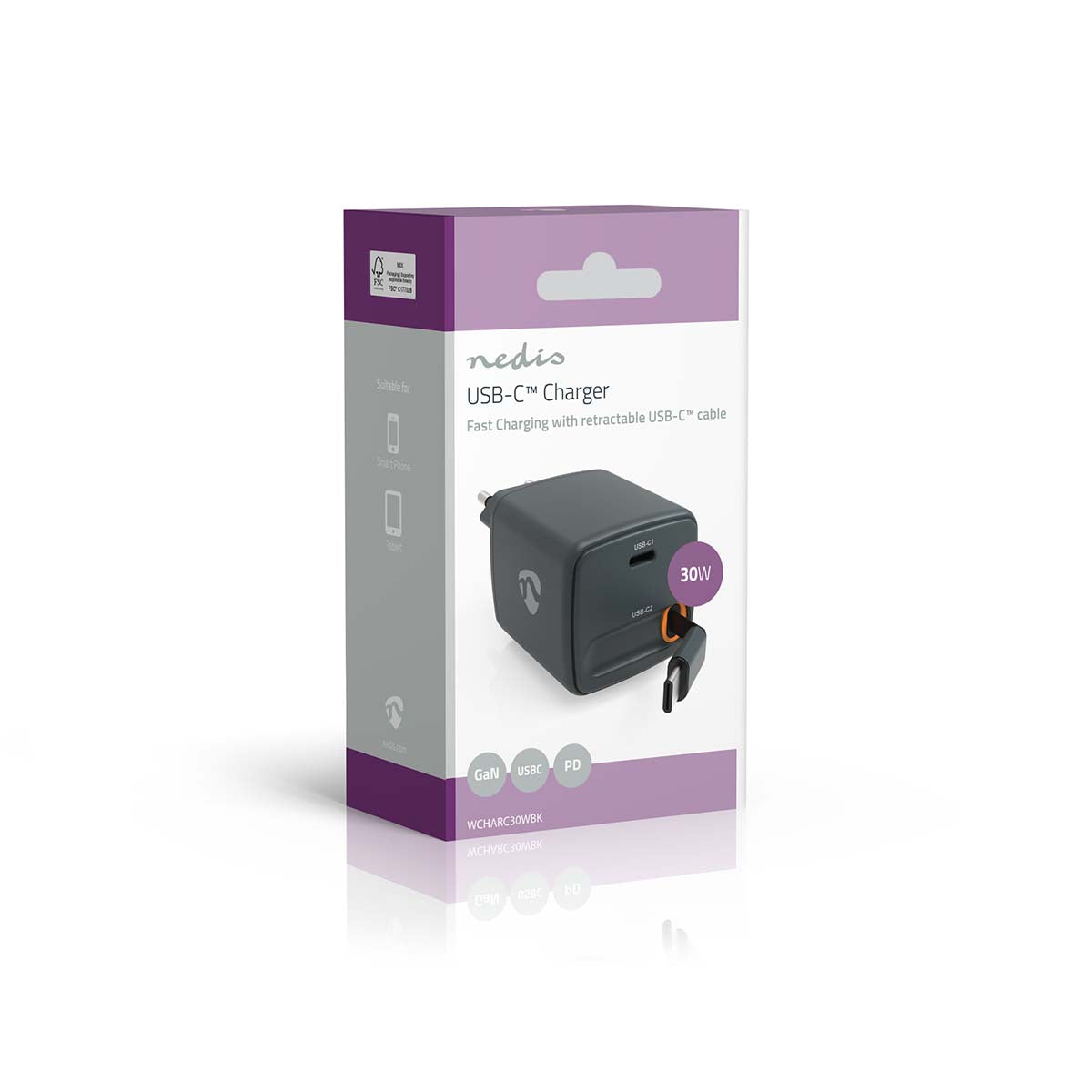 USB-C Oplader 30W 0.75M, grå/lilla æske, hurtig opladning, indbygget kabel, ikoner til mobil, tablet og laptop.