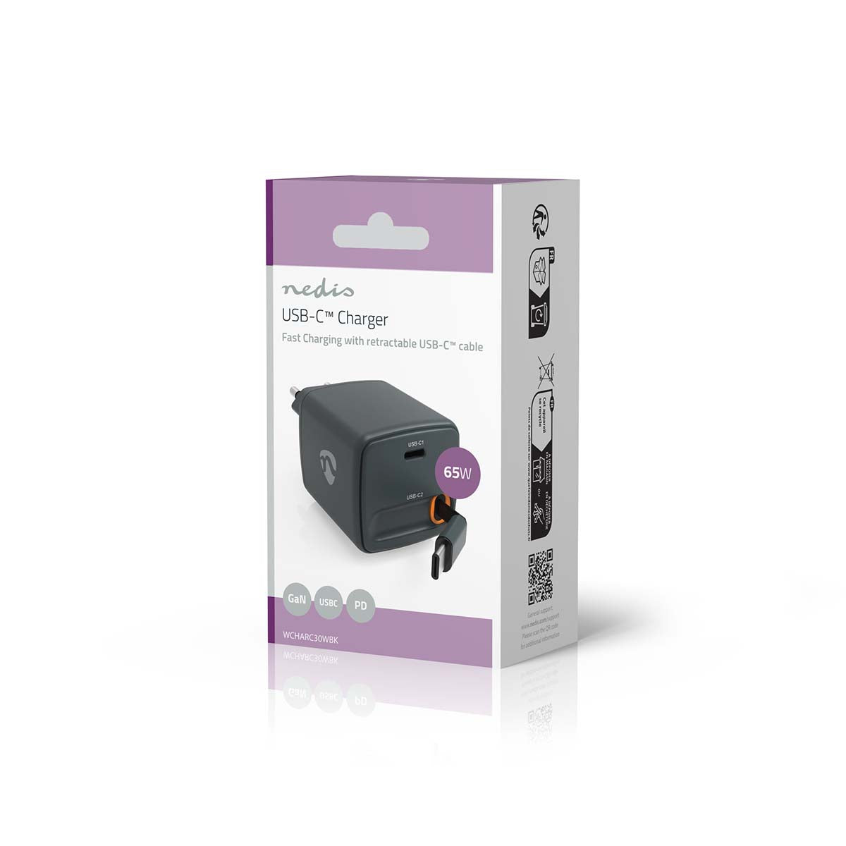USB-C oplader 65W 0.75M grå i æske, hurtig opladning, nøgleinfo fremhævet med lilla og hvide detaljer.
