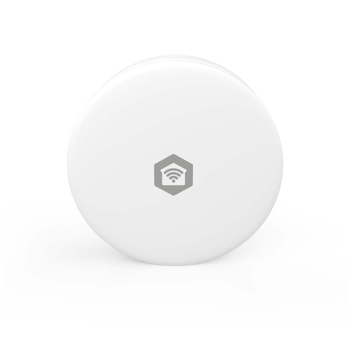 SmartLife luftkvalitetsmåler, hvid og rund med gråt sekskantet Wi-Fi/hus-ikon, kompatibel med SmartLife app.
