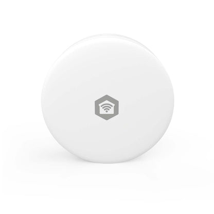 SmartLife luftkvalitetsmåler, hvid og rund med gråt sekskantet Wi-Fi/hus-ikon, kompatibel med SmartLife app.
