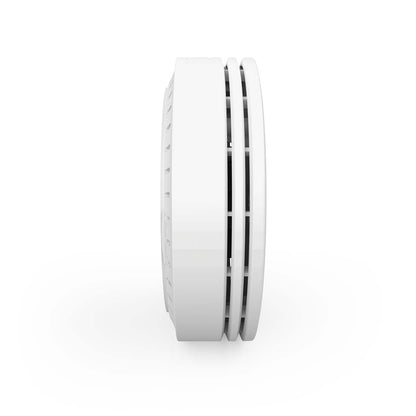 SmartLife Luftkvalitetsmåler, rund og hvid med horisontale ventilationsåbninger, integreret CO₂-monitorering, sideview.
