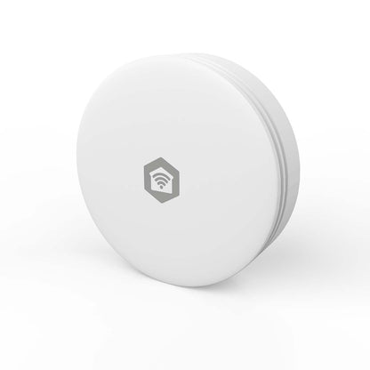 SmartLife rund hvid CO2-måler med hexagonikon og Wi-Fi-symbol på fronten, app-styring via SmartLife.
