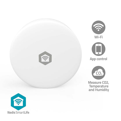 SmartLife rund luftkvalitetsmåler med Wi-Fi, appstyring og ikoner for CO₂, temperatur og luftfugtighed.
