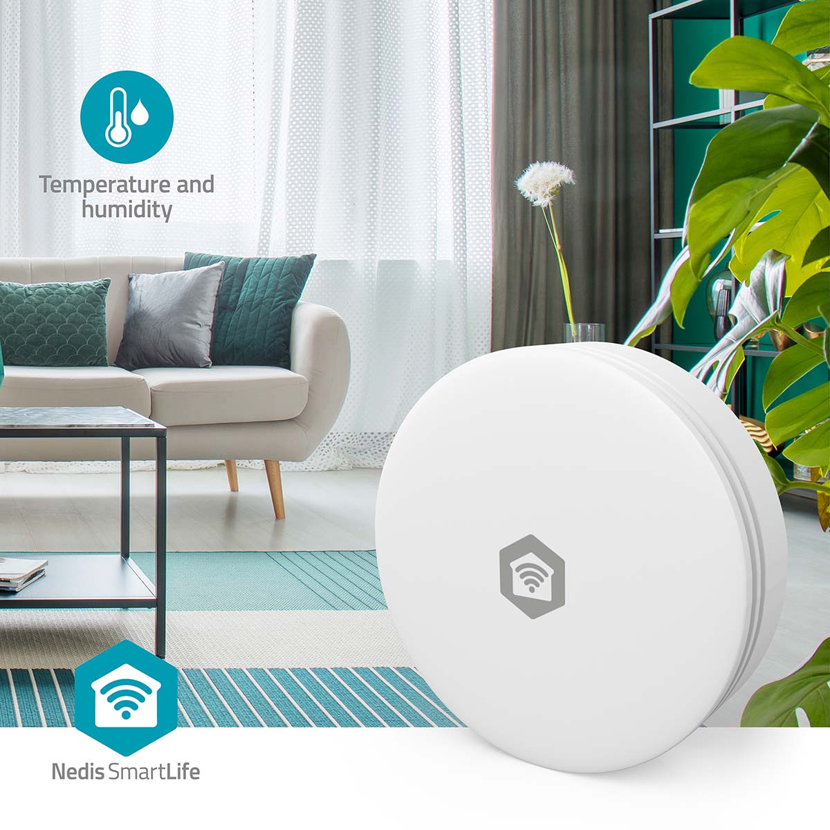 SmartLife luftkvalitetsmåler og fugtsensor med ikoner for temperatur, luftfugtighed, CO₂ og app-kompatibilitet.