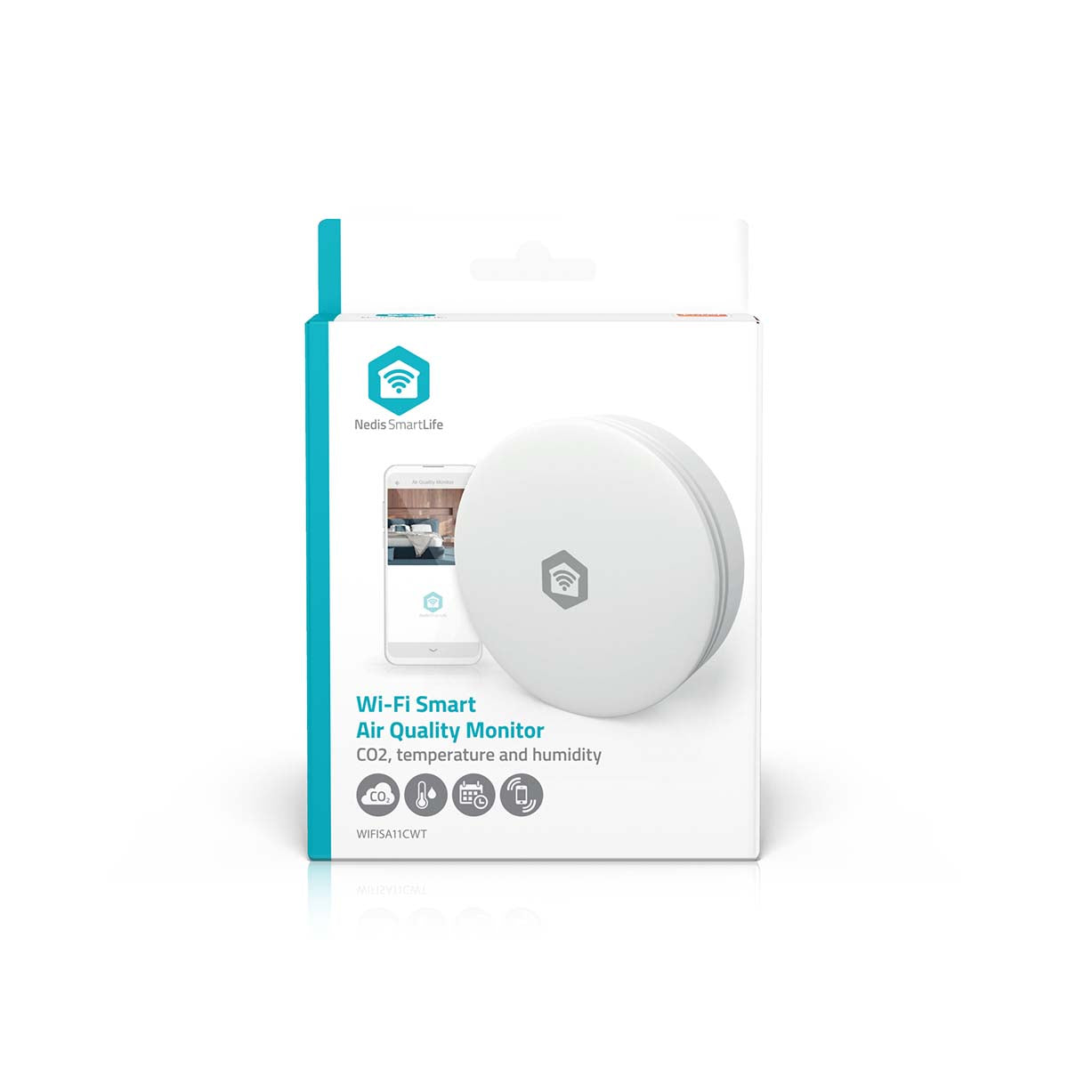 SmartLife luftkvalitetsmåler med æske, rund model, logo på fronten, viser CO₂-, temperatur- og fugtmåling, app-kompatibel.