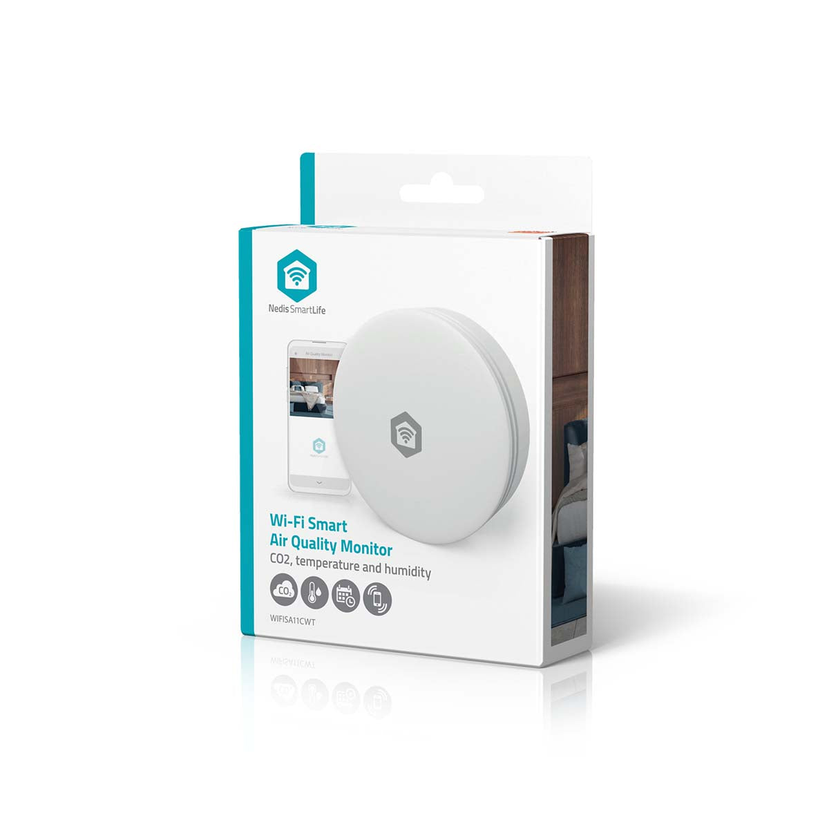 SmartLife luftkvalitetsmåler rund Wi-Fi CO₂-, temperatur- og fugtmåler i emballage, kompatibel med SmartLife app.