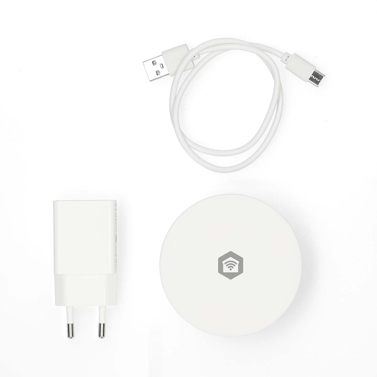 SmartLife luftkvalitetsmåler hvid rund med WiFi-symbol, USB-strømforsyning, mikro-USB-kabel, SmartLife app-support.