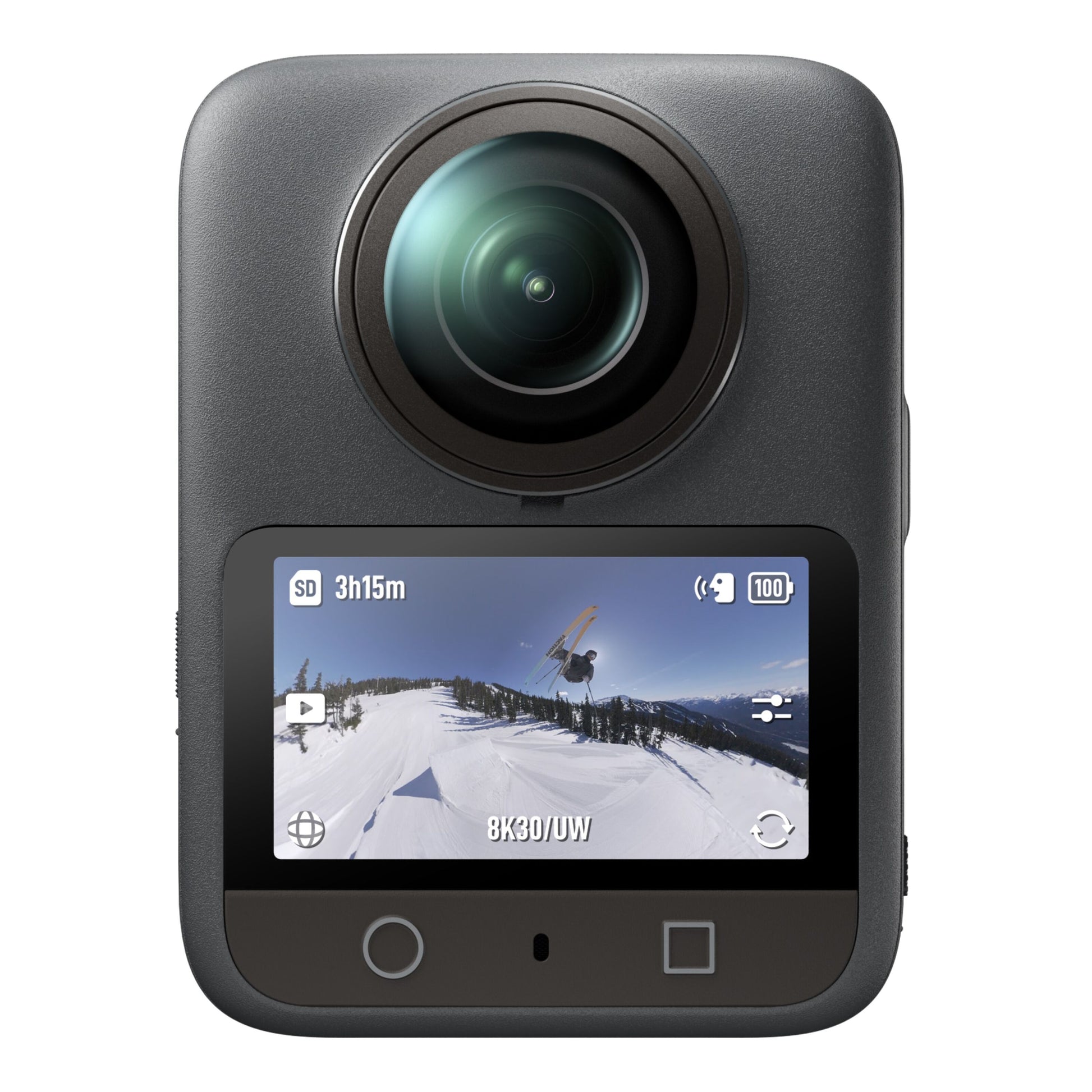 DJI Osmo 360° kamera Standard Combo, display viser optagetid, batteri og 8K-opløsning.