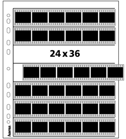 Hama Negativlommer til mappe 25-pakke, fire gennemsigtige rækker til 135-film 24x36, hulmargin til ringbind.