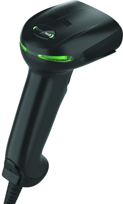 Honeywell Xenon sort stregkodescanner USB med 2D billedscanning, grønt lys, synligt logo og kabeltilslutning nederst.