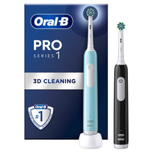 Oral-B Pro 1 DUO elektrisk tandbørste 2-pakke med opladerbase og rundt børstehoved samt synlig æske.