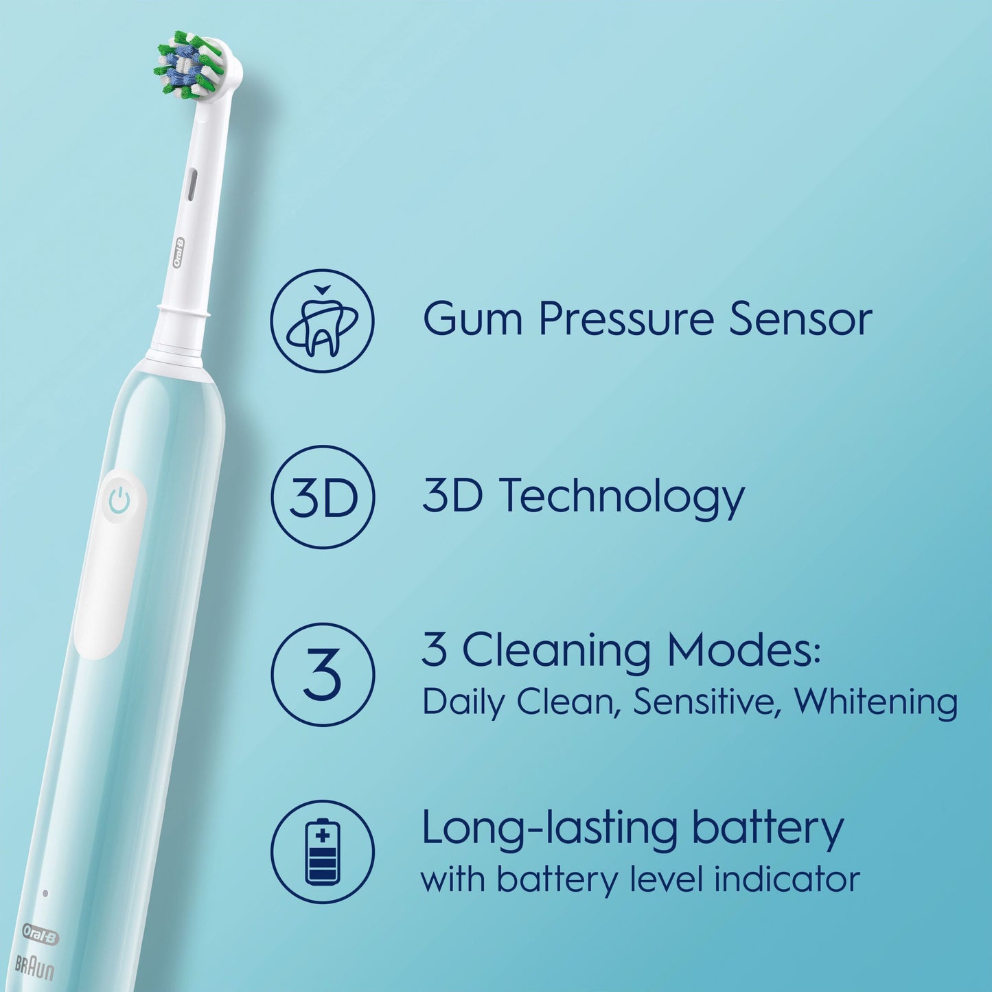 Oral-B Pro 1 DUO elektrisk tandbørste 2-pak lyseblå med tryksensor, 3D-teknologi, 3 funktioner, timer og batteriindikator.