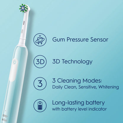 Oral-B Pro 1 DUO elektrisk tandbørste 2-pak lyseblå med tryksensor, 3D-teknologi, 3 funktioner, timer og batteriindikator.