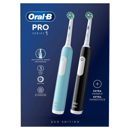 Oral-B Pro 1 DUO elektrisk tandbørste 2-pak, lyseblå og sort, tryksensor, 3 tilstande, timer.