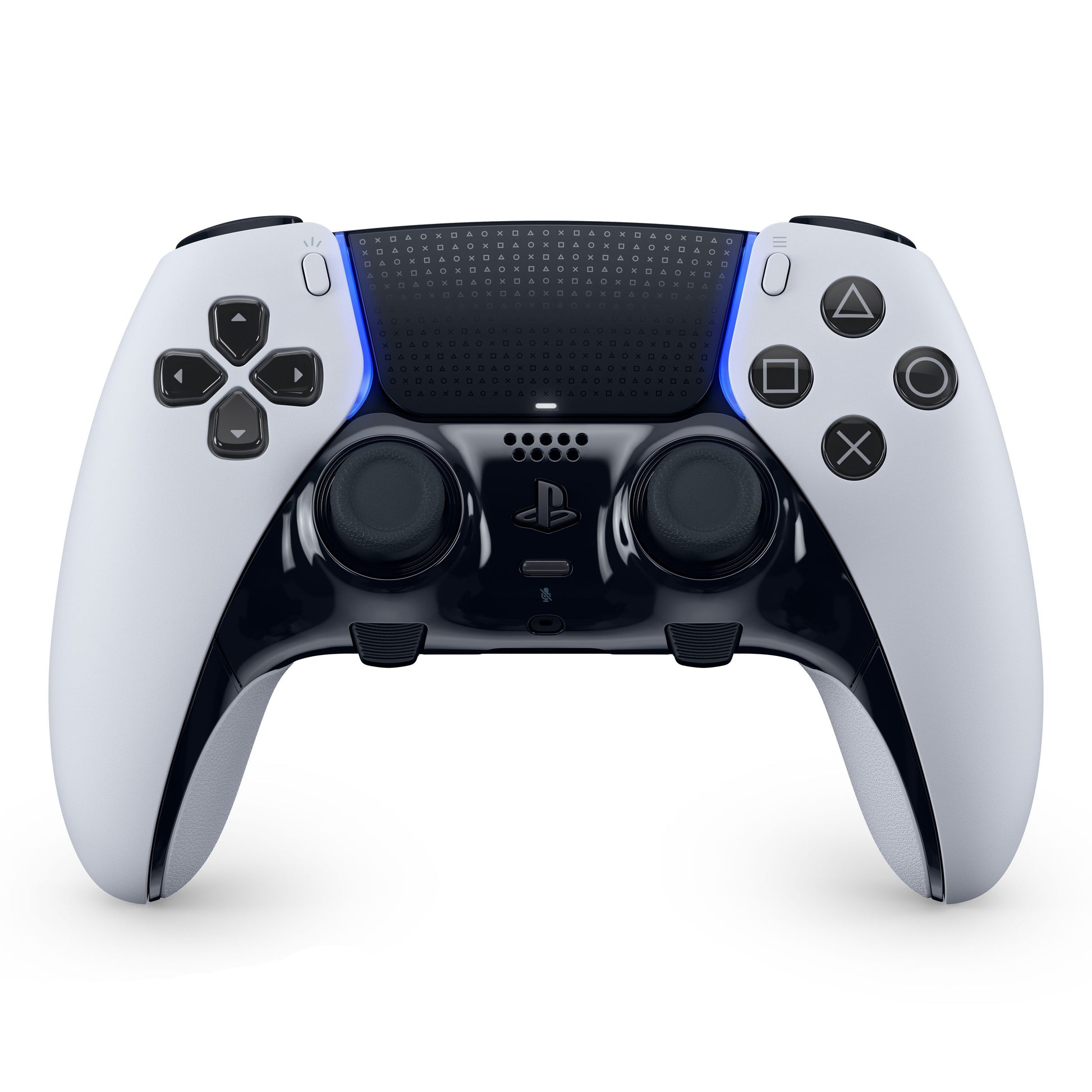 Playstation DualSense Edge controller hvid/sort med joysticks, retnings- og actionknapper, touchpad, blå LED-lysdetaljer.