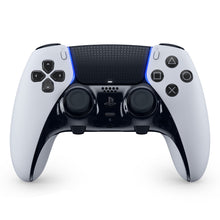 Playstation DualSense Edge controller hvid/sort med joysticks, retnings- og actionknapper, touchpad, blå LED-lysdetaljer.