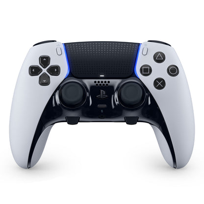 Playstation DualSense Edge controller hvid/sort med joysticks, retnings- og actionknapper, touchpad, blå LED-lysdetaljer.