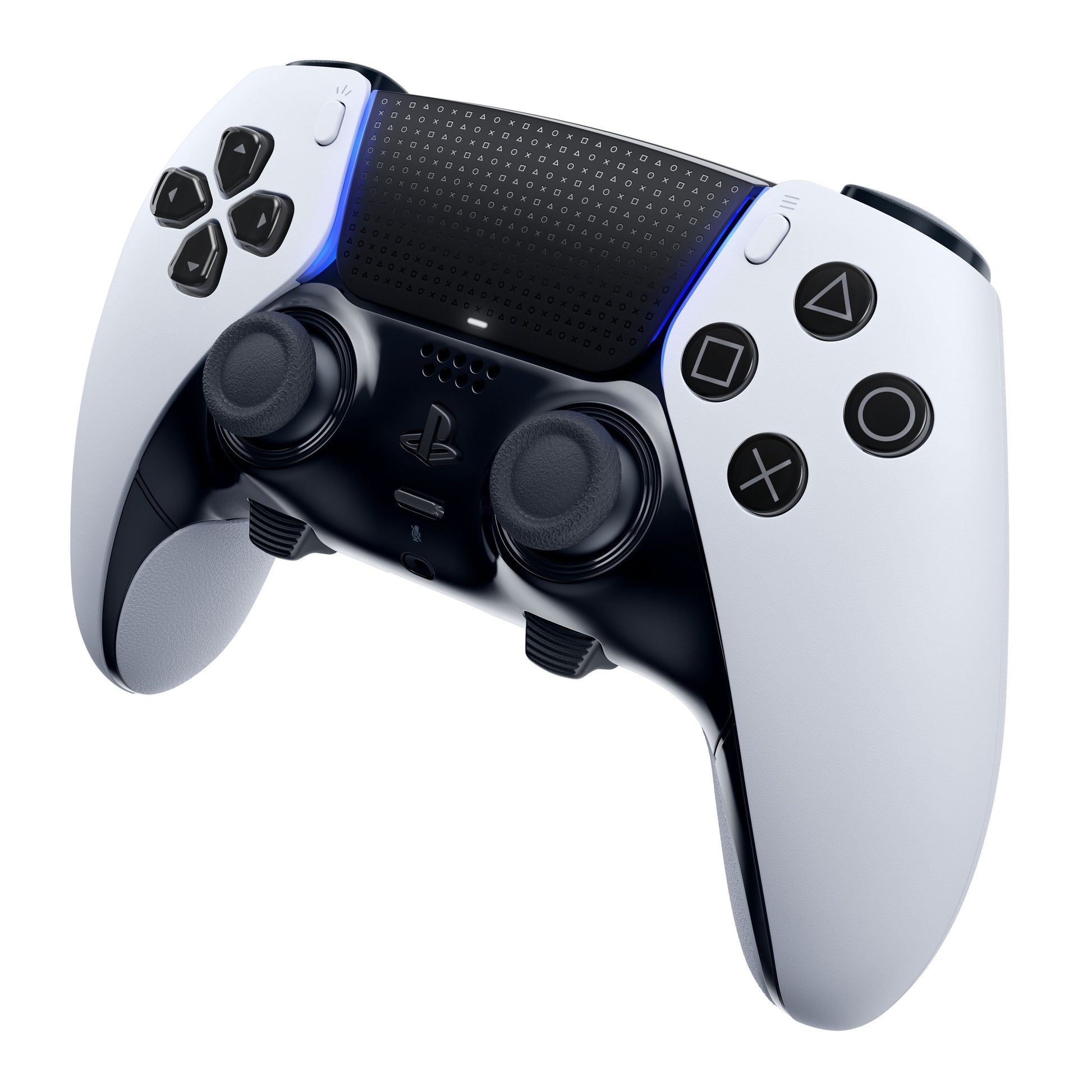 PlayStation DualSense Edge trådløs controller i hvid og sort med blå detaljer, analoge pinde, d-pad og PlayStation-symbolknapper.