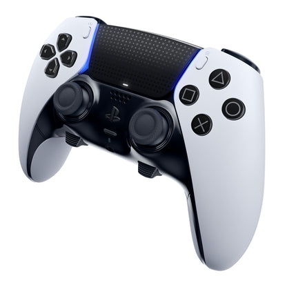 PlayStation DualSense Edge trådløs controller i hvid og sort med blå detaljer, analoge pinde, d-pad og PlayStation-symbolknapper.