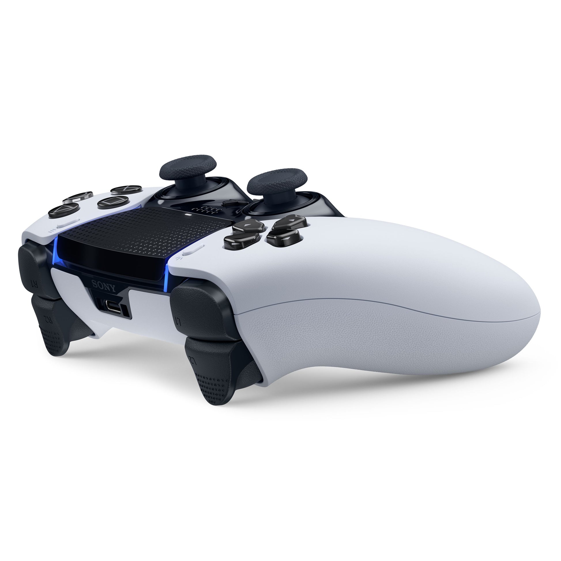 Sony Playstation DualSense Edge håndkontrol hvid/sort med analoge pinde, knapper, triggere og touchpad set bagfra.