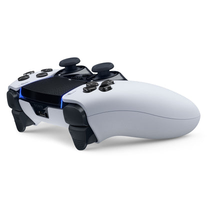 Sony Playstation DualSense Edge håndkontrol hvid/sort med analoge pinde, knapper, triggere og touchpad set bagfra.