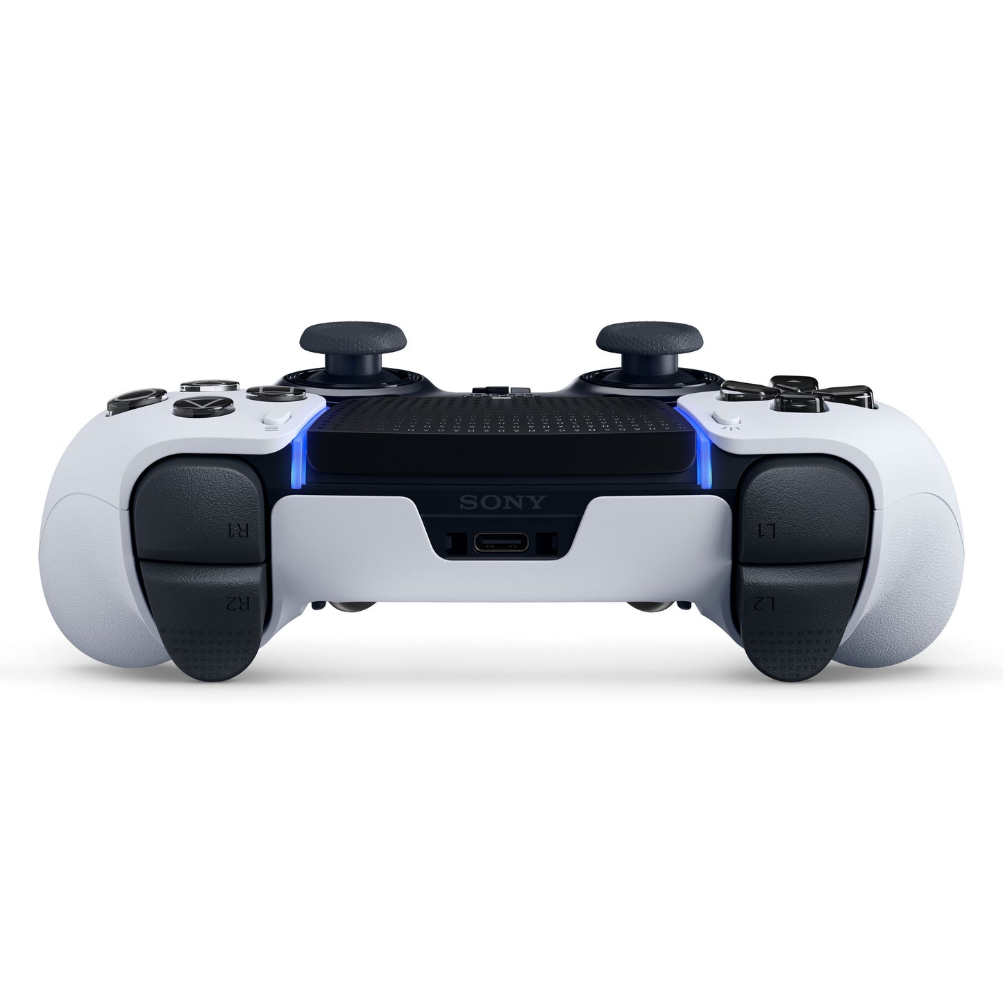 Playstation DualSense Edge-controller hvid/sort, to analoge pinde, L1/L2/R1/R2-triggere, blå LED-bjælke, USB-C-port.