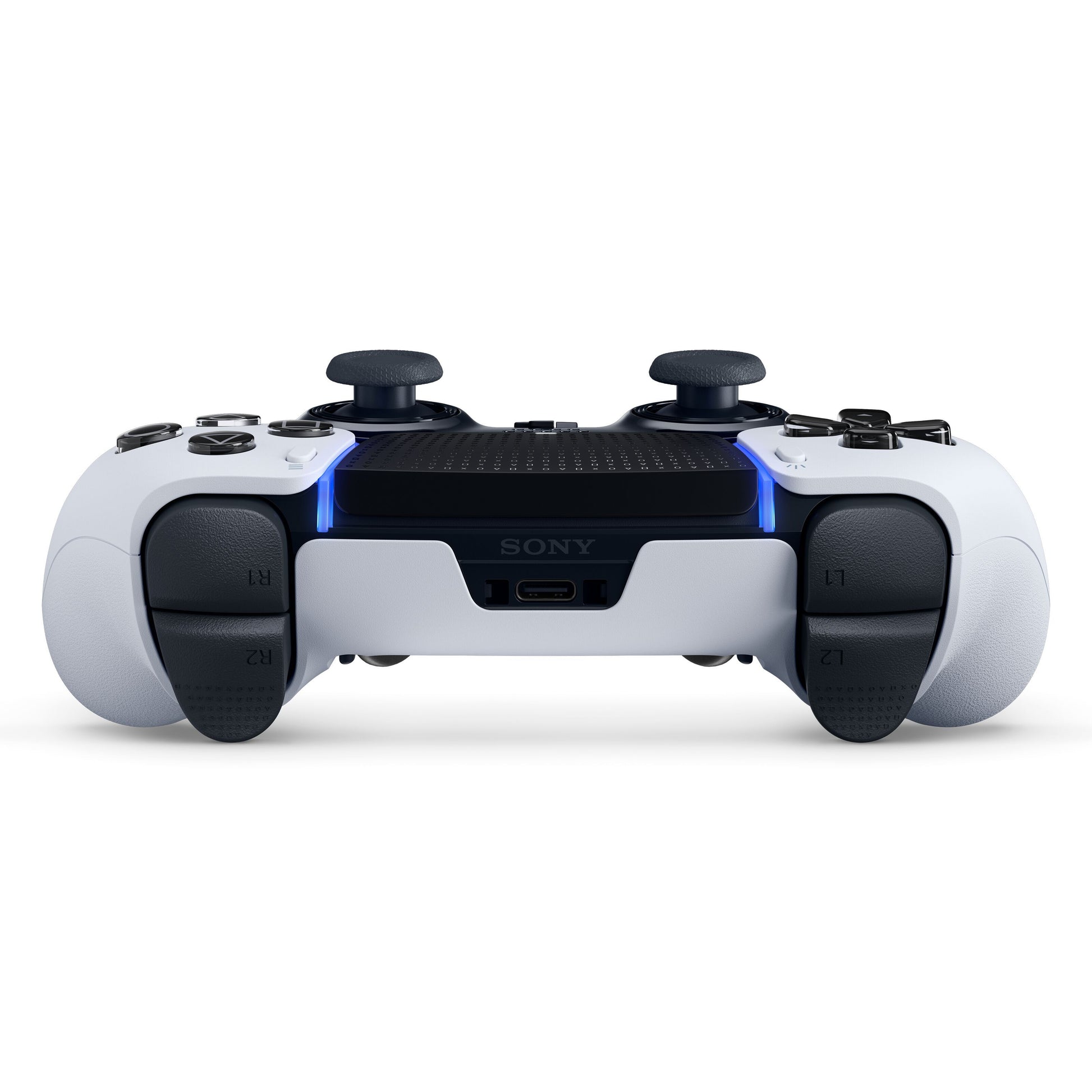 Playstation DualSense Edge-controller hvid/sort, to analoge pinde, L1/L2/R1/R2-triggere, blå LED-bjælke, USB-C-port.