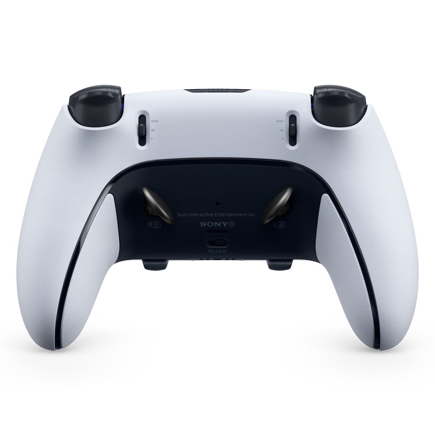 Playstation DualSense Edge controller bagfra med tekstureret greb, skulderknapper og adaptive triggere.