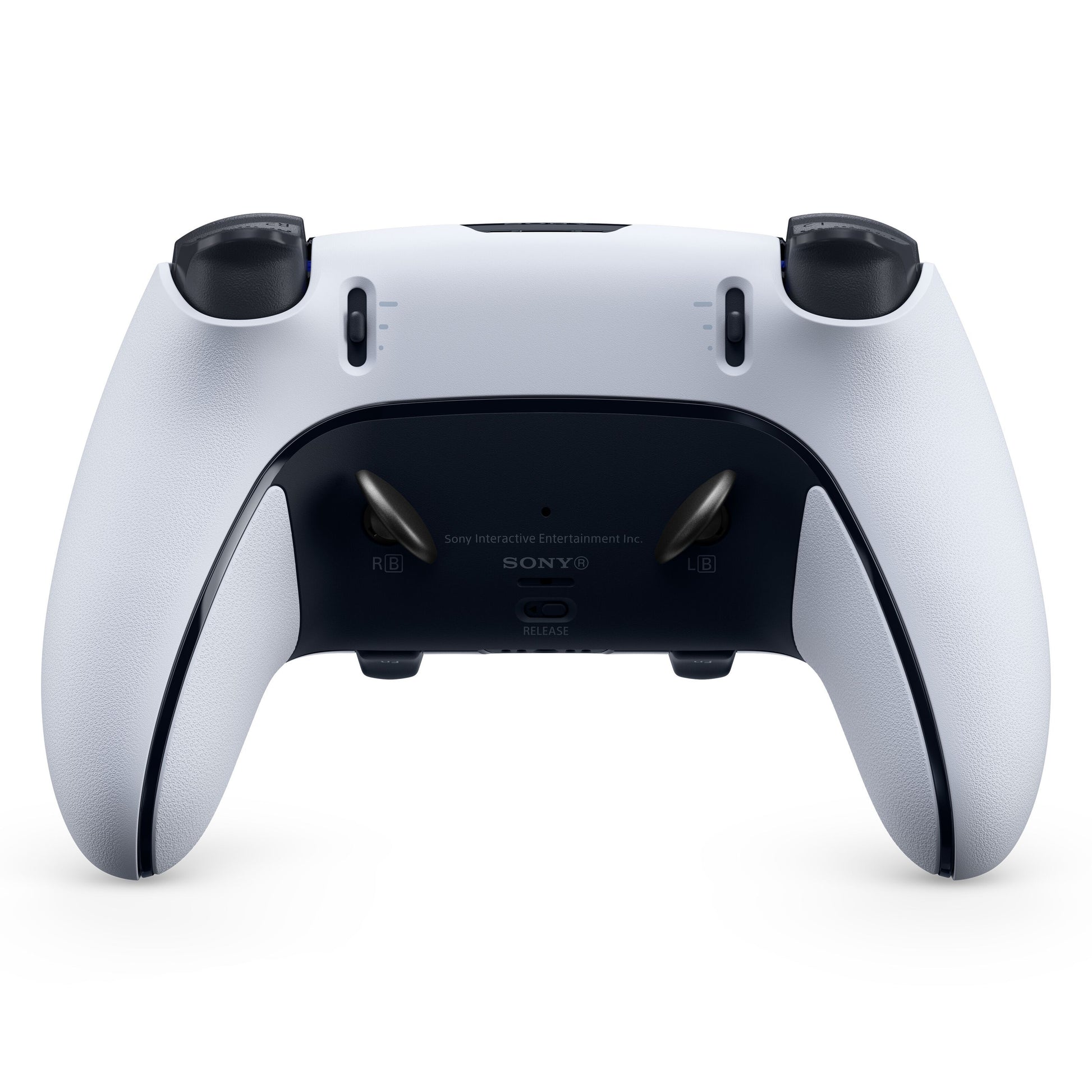 Playstation DualSense Edge controller bagfra med tekstureret greb, skulderknapper og adaptive triggere.