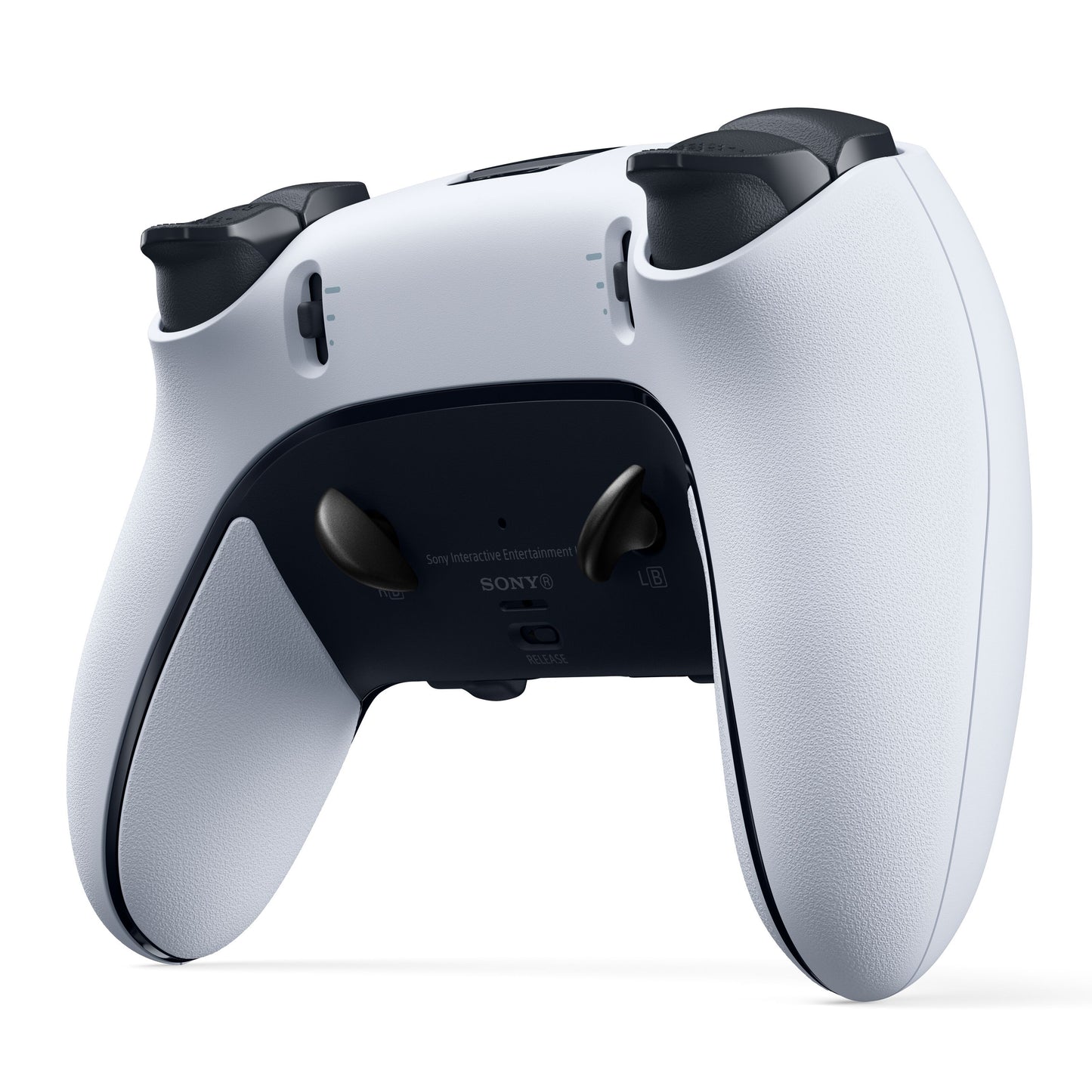 Playstation DualSense Edge controller sort bagside med teksturerede greb, bagknapper og toptriggere.