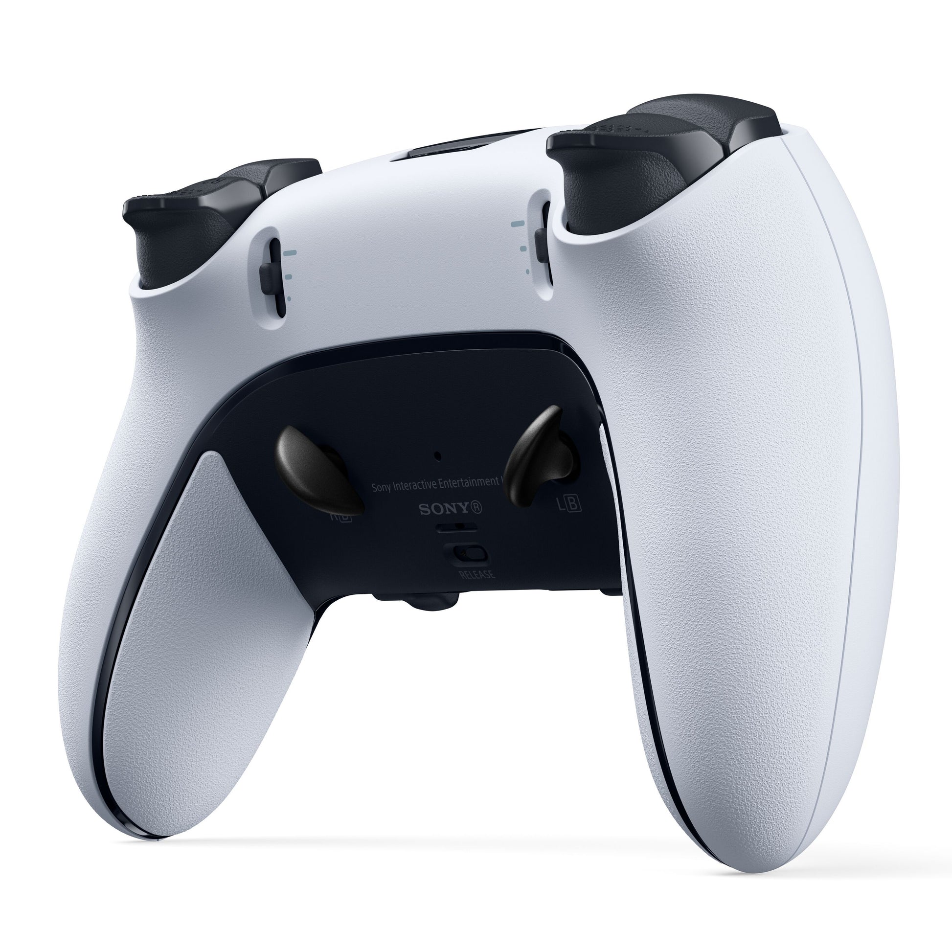 Playstation DualSense Edge controller sort bagside med teksturerede greb, bagknapper og toptriggere.