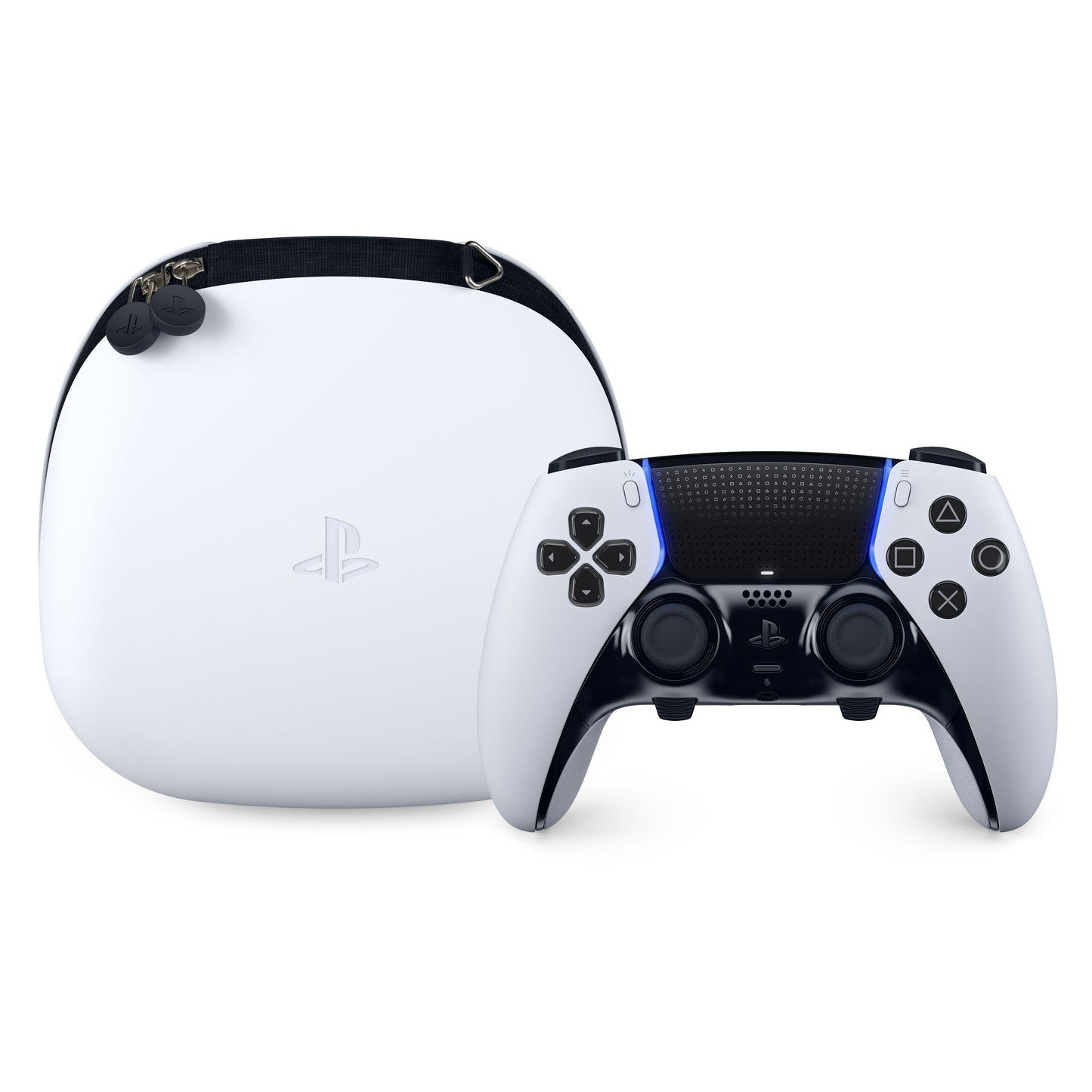 Playstation DualSense Edge controller hvid med forskellige detaljer, blå LED ved touchpad, foran hvidt etui med Playstation-logo.