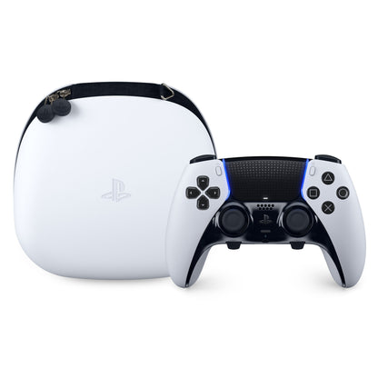 Playstation DualSense Edge controller hvid med forskellige detaljer, blå LED ved touchpad, foran hvidt etui med Playstation-logo.