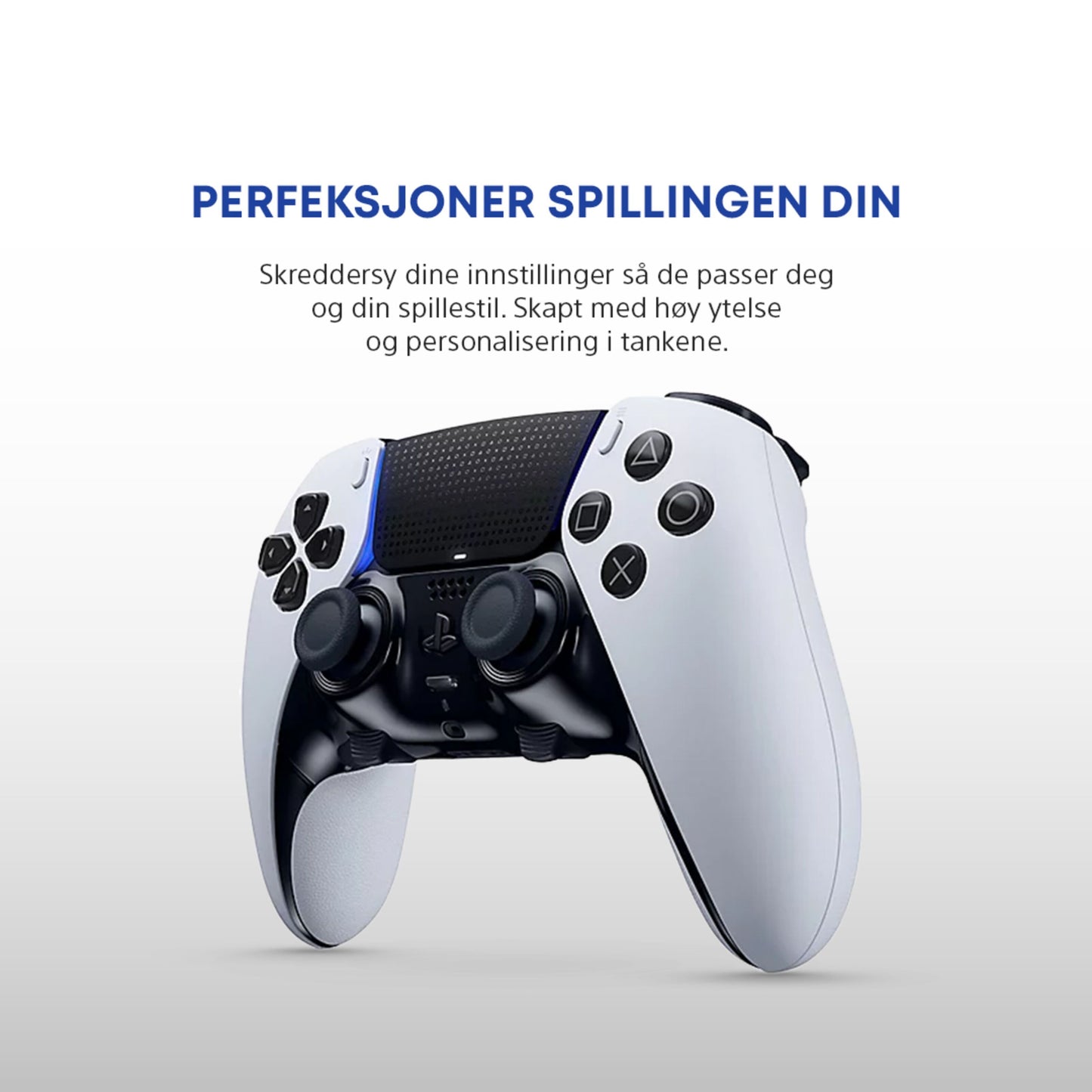 Sony DualSense Edge controller hvid/sort til PlayStation 5 med norsk tekst om tilpasning og ydeevne.