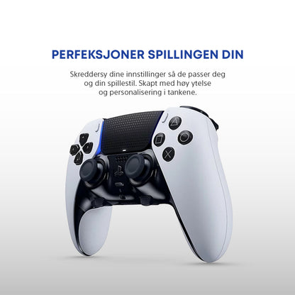 Sony DualSense Edge controller hvid/sort til PlayStation 5 med norsk tekst om tilpasning og ydeevne.