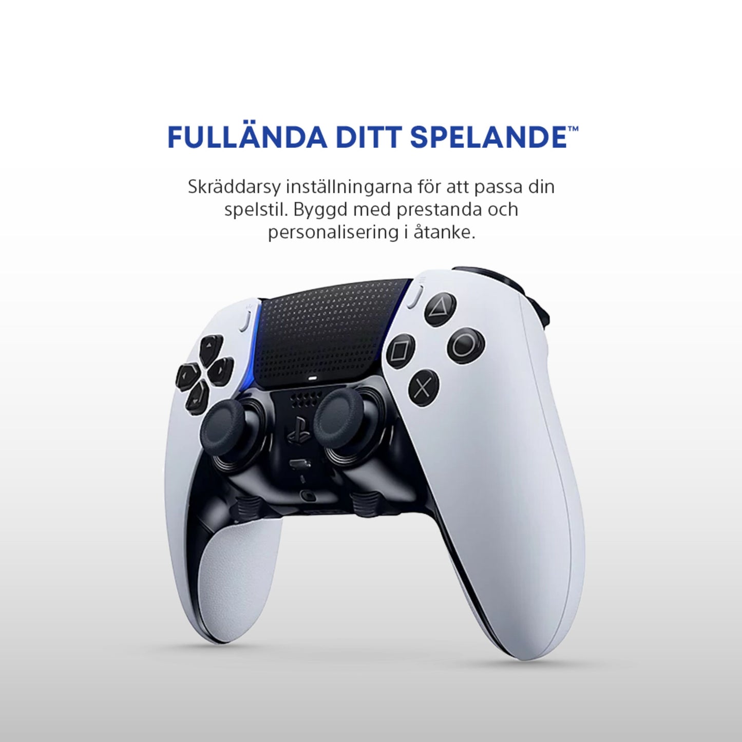Playstation DualSense Edge håndkontrol med svensk tekst på skærmen om tilpasning og optimering.