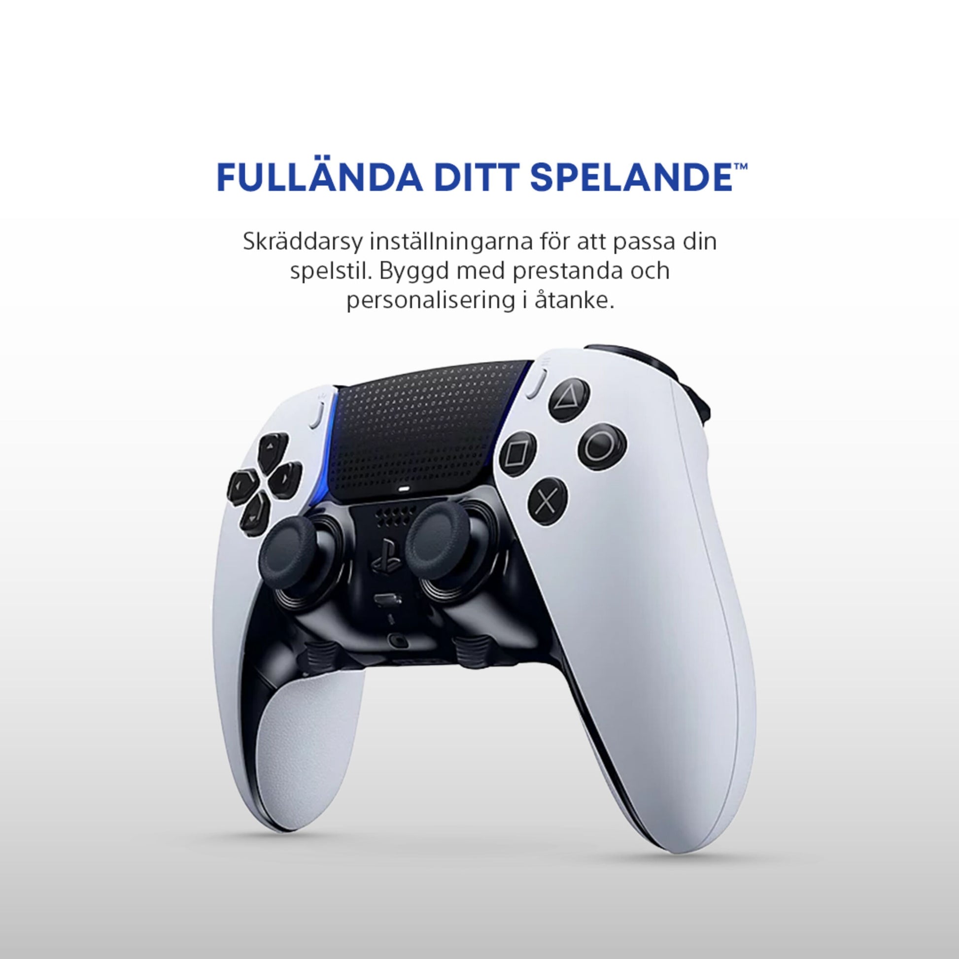 Playstation DualSense Edge håndkontrol med svensk tekst på skærmen om tilpasning og optimering.
